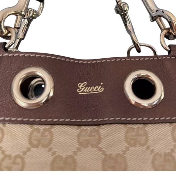 GUCCI Positano Tote Handbag Beige GG Logo Canvas Brown Leather Trim Authentic - Picture 2 of 14